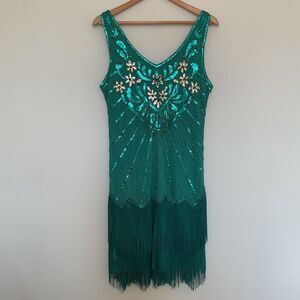 Babeyond Green Beaded Sequined Flapper Dress L Fringed 1920s Great Gatsby Party